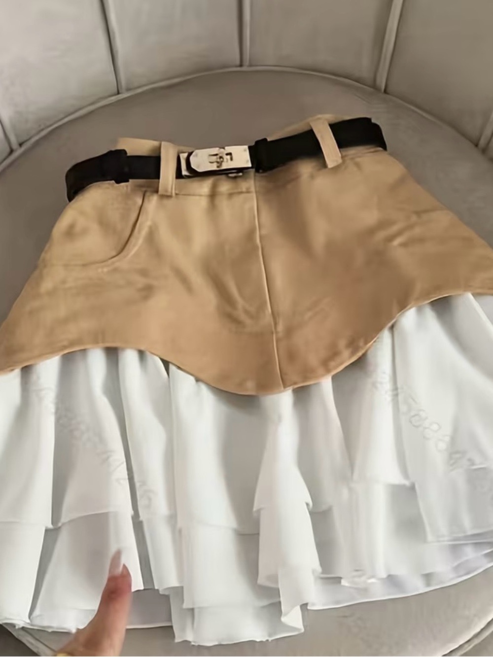Tiered White Chiffon ruffled Skirt with Tan Faux-Leather Waist with belt